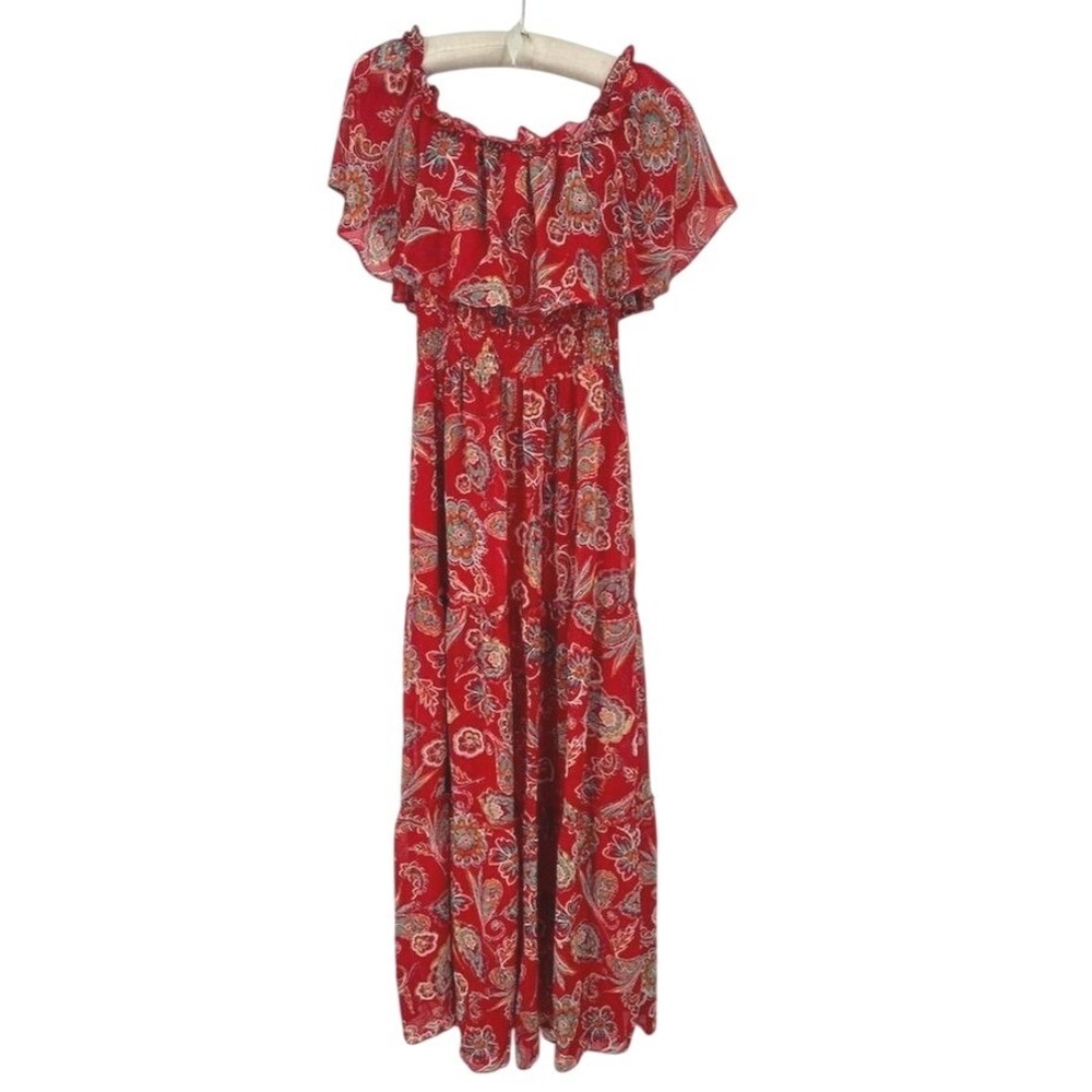 Rabbit Rabbit Rabbit Designs Red Floral Paisley Off‎ Shoulder Maxi Dress Size 6